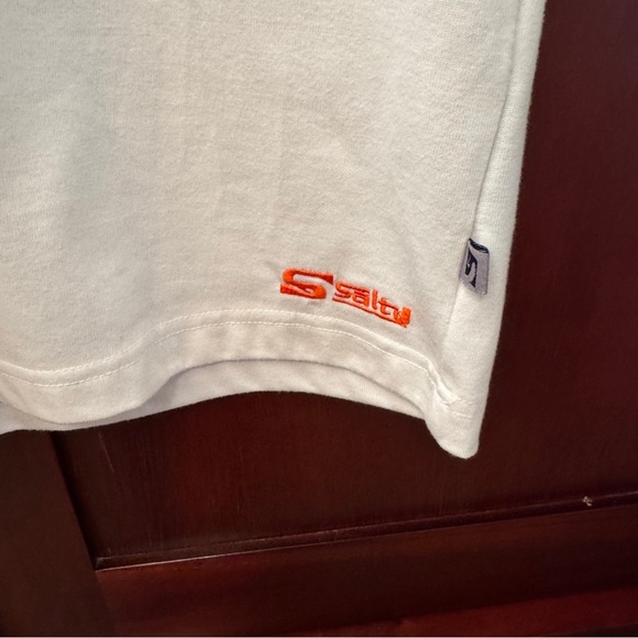 Salty Brand Very Clean White t-shirt with Aqua/Orange pin strips Size Large - Picture 8 of 9